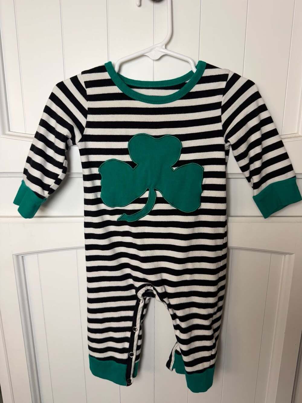 Rylee Faith Designs St. Patrick's Day Shamrock Striped Long Sleeve Baby Romper